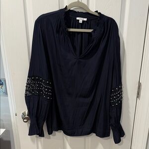 Chicos Navy Blouse with Beaded Sleeves